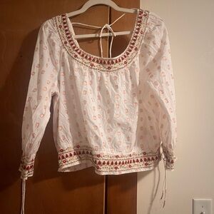 Anthropologie White Blouse with Pink Dot Print and Embroidered Trim